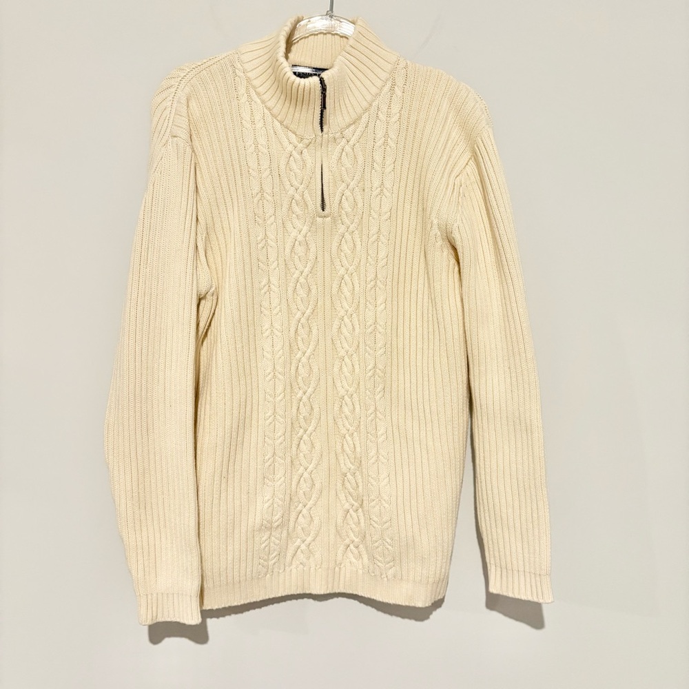 LAND'S END VINTAGE FISHERMAN CABLE KNIT NAUTICAL QUARTER ZIP SWEATER CREAM‎ XL